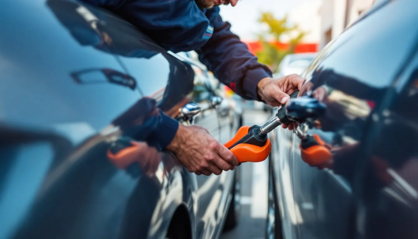 Mobile locksmith unlocking a locked car door on a Fort Worth street