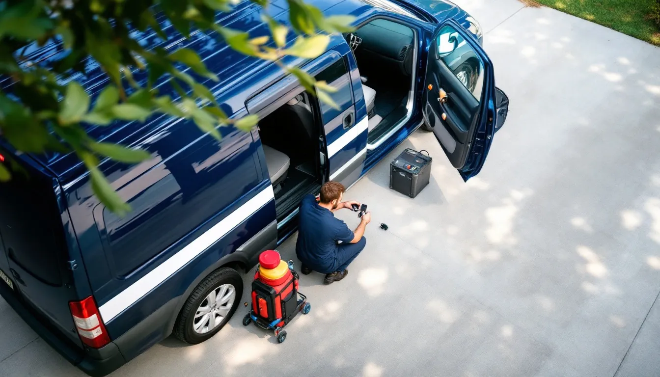 Side-by-side of a car dealership service bay and a mobile locksmith van in Fort Worth
