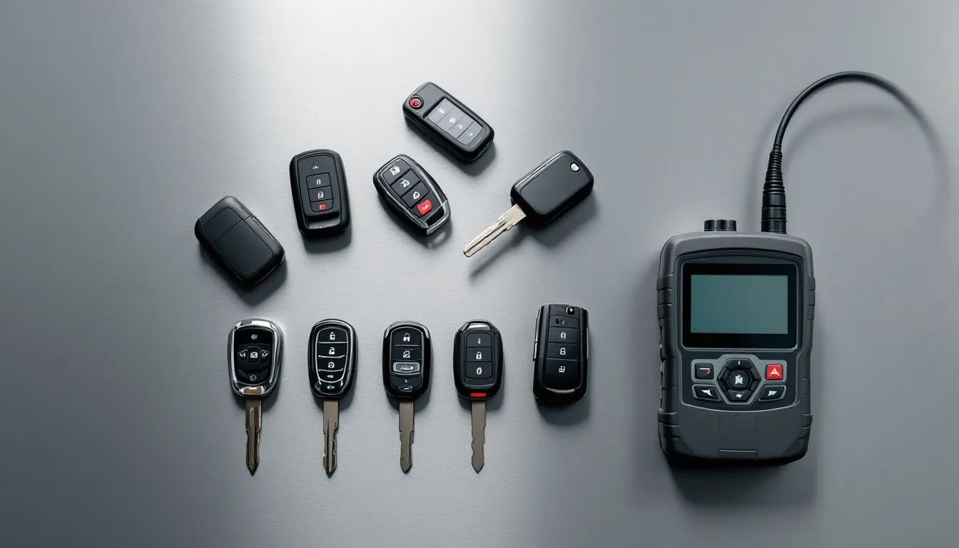 Assorted car key fobs and remotes laid out for a Fort Worth replacement quote